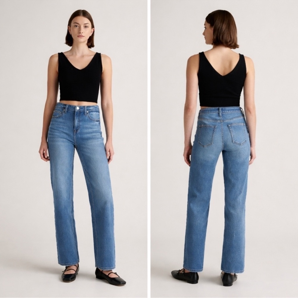 Quince Comfort Stretch High Rise Relaxed Straight Jeans 30” Medium Wash Sz 25